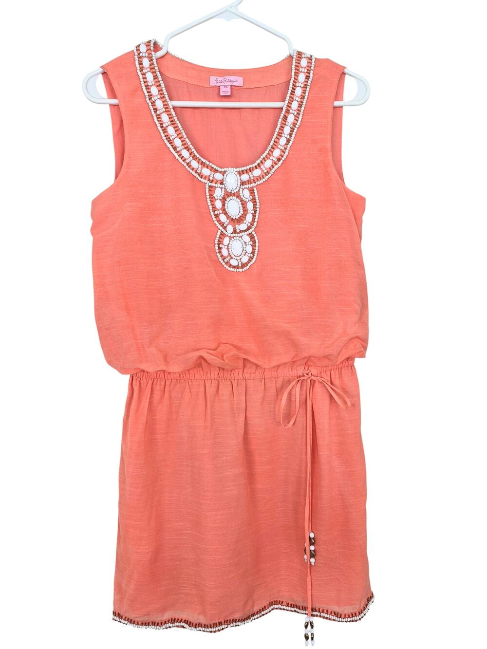 Lily Pulitzer Sleeveless Dress XS Coral Beaded Cotton Linen Boho Retro Coastal